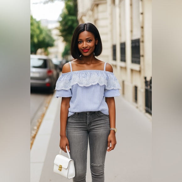 guess blue striped cold shoulder crop top - Picture 5 of 5